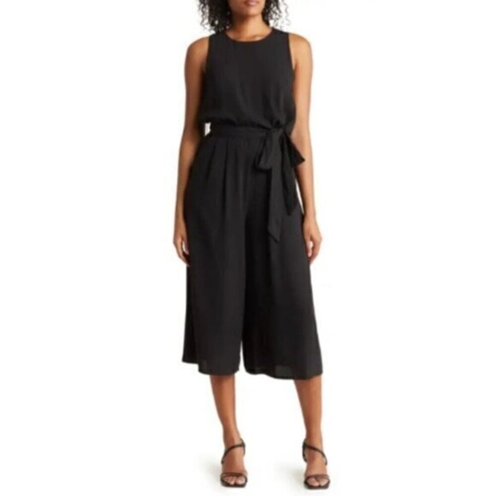 Vince Camuto Black Moss Crepe Blouson Wide Leg Crop Jumpsuit New